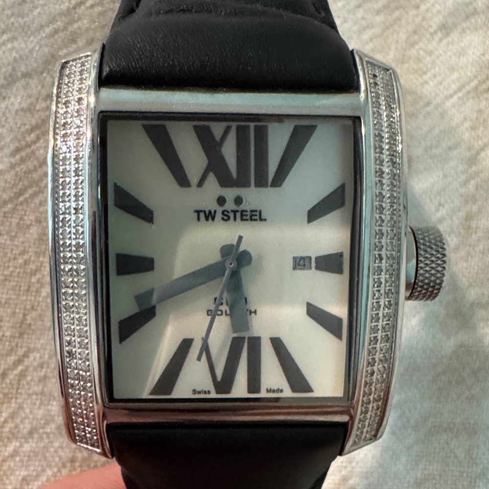 TW Steel Silver & Black Rectangular Watch w/ Genuine DIAMONDS